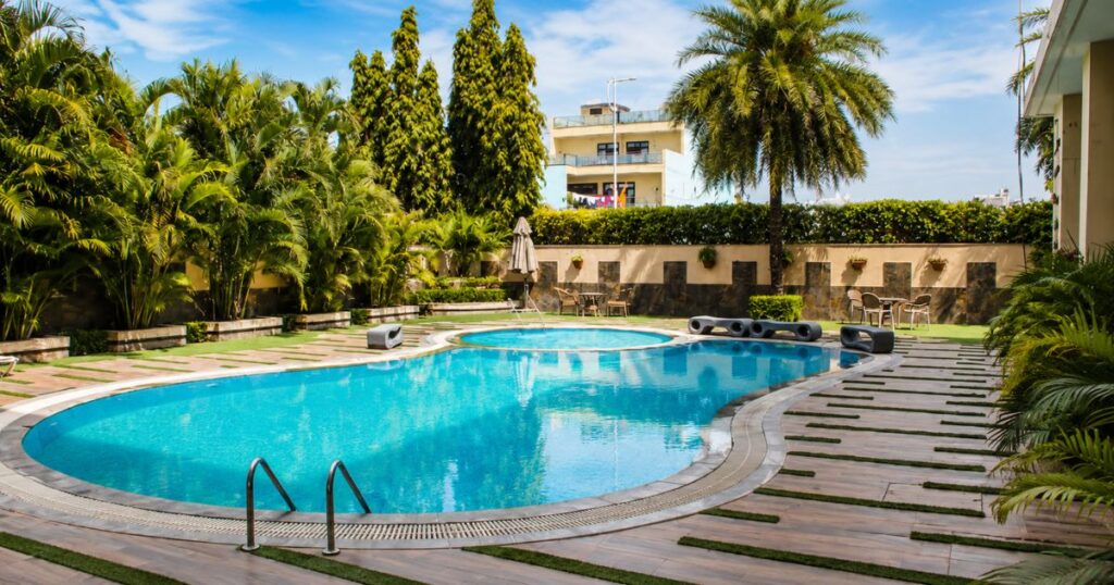Curved outdoor pool with palm trees, lounge chairs, and a beige wall garden under a blue sky.