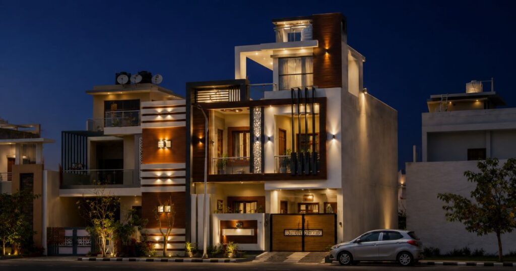 Modern multi-story house lit up at night with warm exterior lights and a silver car parked in front.